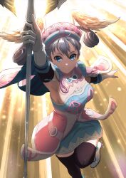 Rule 34 | 1girl, blue eyes, breasts, commentary request, curly hair, detached sleeves, dress, gloves, grey hair, head wings, highres, holding, holding staff, looking at viewer, medium breasts, melia antiqua, mercury xeno, short dress, smile, solo, staff, thighhighs, wings, xenoblade chronicles (series), xenoblade chronicles 1