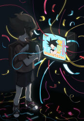 Rule 34 | 1boy, aged down, backpack, bag, black background, black hair, black vest, brown hair, child, confetti, crt, duel monster, full body, highres, holding, holding trophy, kd (jichaman1), looking at screen, male focus, manjoume jun, open mouth, red shirt, shirt, shoes, short hair, sneakers, socks, standing, t-shirt, television, translation request, trophy, vest, white shirt, white socks, winged kuriboh, yu-gi-oh!, yu-gi-oh! gx, yuuki juudai
