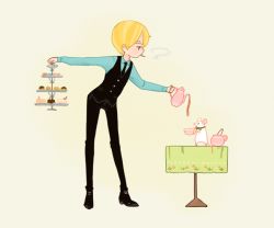 Rule 34 | 1boy, black footwear, black neckwear, black pants, blonde hair, blue shirt, bow, bowtie, cheese ming, cigarette, cup, dessert, food, male focus, mouse (animal), necktie, one piece, pants, pastries, sanji (one piece), shirt, shoes, smoking, table, table cloth, tea, teacup, teapot, tiered serving stand, waistcoat, white mouse
