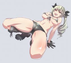 Rule 34 | 10s, 1girl, :d, anchovy (girls und panzer), aqua hair, ass, bad id, bad pixiv id, bikini, black bikini, black gloves, blonde hair, blush, boots, breasts, cameltoe, covered erect nipples, drill hair, fangs, full body, ginga ryuusei, gingami (giluziru), girls und panzer, gloves, grey background, long hair, navel, open mouth, red eyes, simple background, smile, solo, swimsuit, teeth, twin drills