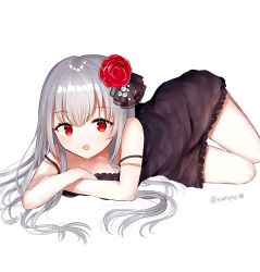 Rule 34 | 1girl, bare arms, bare shoulders, black dress, blush, commentary request, dress, flower, frilled dress, frills, grey hair, hair flower, hair ornament, long hair, looking at viewer, lying, open mouth, original, red eyes, red flower, red rose, rose, sakizaki saki-p, simple background, sleeveless, sleeveless dress, solo, spaghetti strap, strap slip, twitter username, white background