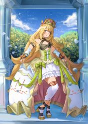 Rule 34 | 1girl, absurdres, blonde hair, blue sky, breasts, celine (fire emblem), closed mouth, clothes lift, clothing cutout, cloud, commentary, crown, deliciousbrain, detached sleeves, dress, dress lift, fire emblem, fire emblem engage, full body, green dress, green eyes, high heels, highres, layered dress, long dress, long hair, multicolored clothes, multicolored dress, nintendo, pillar, sky, sleeveless, sleeveless dress, small breasts, smile, solo, sparkle, standing, very long hair, white dress