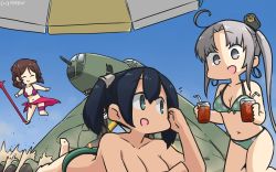 Rule 34 | 3girls, ahoge, aircraft, airplane, akitsushima (kancolle), beach umbrella, bikini, blue eyes, blue hair, blue sky, bow, breasts, brown hair, cleavage, commentary request, dated, day, drill hair, drink, closed eyes, fate/grand order, fate (series), gae bolg (fate), gradient sky, green bikini, grey eyes, grey hair, hair bow, hamu koutarou, harukaze (kancolle), hat, highres, kantai collection, large breasts, long hair, lying, medium breasts, mini hat, multiple girls, nishikitaitei-chan, noto mamiko, on stomach, one-hour drawing challenge, open mouth, out-of-frame censoring, outdoors, pink bikini, pink sarong, polka dot, polka dot bikini, red bow, sarong, scathach (fate), scathach (fate), scathach (fate/grand order), scathach (swimsuit assassin) (fate), side ponytail, sidelocks, sky, smile, souryuu (kancolle), swimsuit, topless, twin drills, twintails, umbrella, voice actor connection, x navel