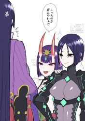 Rule 34 | 3girls, artist name, black eyes, black hair, bob cut, bodysuit, breasts, colored inner hair, commentary request, dated, dual persona, fangs, fate/grand order, fate (series), hair ornament, highres, horns, long hair, medium breasts, minamoto no raikou (fate), multicolored hair, multiple girls, parted bangs, pink hair, purple eyes, purple hair, short hair, shuten douji (fate), skin-covered horns, titiduki (manman-ya), translation request, twitter username, two-tone hair, ushi gozen (avenger) (fate), ushi gozen (fate), very long hair
