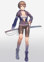 Rule 34 | 1girl, bike shorts, blue eyes, boots, breasts, brown hair, cleavage, cross-laced footwear, gradient background, hand on own hip, holding, holding sword, holding weapon, hood, hoodie, kneehighs, knees, lace-up boots, long sleeves, looking at viewer, ogino (oginogino), original, parted lips, sheath, sheathed, short hair, sidelocks, socks, solo, sports bra, sword, unzipped, weapon, white socks