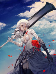 Rule 34 | 1girl, asymmetrical hair, black dress, black thighhighs, blue sky, breasts, brown eyes, closed mouth, cloud, cloudy sky, cowboy shot, day, dress, flower, gloves, greatsword, grey gloves, grey hair, hand up, highres, long sleeves, looking at viewer, medium breasts, outdoors, petals, red flower, red rose, rose, short hair with long locks, sidelocks, sinoalice, sky, snow white (sinoalice), solo, standing, sword, thighhighs, thighs, wanke