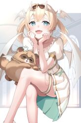 Rule 34 | 1girl, alternate costume, alternate hairstyle, animal, blonde hair, blue eyes, blush, breast covered, closed eyes, crossed legs, demon wings, dress, fangs, feet out of frame, head wings, highres, hololive, horns, kazama iroha, leg grab, looking at viewer, nails, open mouth, pokobee, sable mint, skirt, smile, sunglasses on head, twintails, virtual youtuber, white dress, window, wings