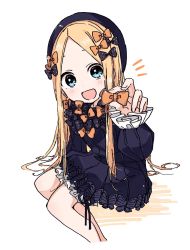 Rule 34 | 1girl, :d, abigail williams (fate), black bow, black dress, black hat, blonde hair, bloomers, blue eyes, blush, bow, bug, butterfly, dress, fate/grand order, fate (series), forehead, hair bow, hat, highres, holding, holding bow (ornament), insect, long hair, long sleeves, looking at viewer, open mouth, orange bow, parted bangs, polka dot, polka dot bow, sitting, sleeves past wrists, smile, sofra, solo, underwear, very long hair, white bloomers