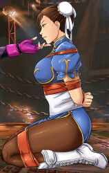 Rule 34 | 2girls, absurdres, bdsm, black eyes, black pantyhose, blue dress, bondage, boots, bound, breasts, brown hair, capcom, china dress, chinese clothes, chun-li, commentary, double bun, dress, english commentary, fingerless gloves, from side, gloves, hair bun, han juri, hand on another&#039;s chin, highres, kneeling, large breasts, lost one zero, mixed-language commentary, multiple girls, nail polish, out of frame, paid reward available, pantyhose, purple gloves, purple nails, restrained, solo focus, street fighter, taut clothes, variant set, white footwear