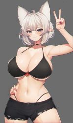 Rule 34 | 1girl, ahoge, animal ears, arm up, bikini, black bikini, black choker, black shirt, black shorts, blush, borrowed character, breasts, choker, cleavage, closed mouth, clothes around waist, cowboy shot, ear piercing, extra ears, grey background, grey hair, halterneck, hand on own hip, highleg, highres, jacket, jacket around waist, large breasts, lorel (auraaa), nail polish, navel, original, panty straps, piercing, pointy ears, print shirt, red jacket, red nails, shirt, short hair, short shorts, short sleeves, shorts, simple background, smile, solo, spiked choker, spikes, standing, stomach, string bikini, swimsuit, torn clothes, torn shorts, v, varniskarnis