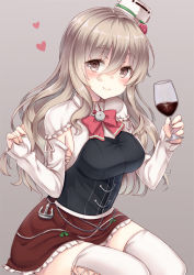 Rule 34 | 10s, 1girl, bad id, bad pixiv id, breasts, brown eyes, cup, drinking glass, grey hair, heart, kantai collection, large breasts, long hair, miniskirt, pola (kancolle), school uniform, skirt, smile, solo, thighhighs, wavy hair, wine glass, yuzu-aki, zettai ryouiki
