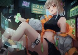 Rule 34 | 1girl, absurdres, belt, blonde hair, bracelet, crop top, cropped sweater, fingerless gloves, gloves, hair ornament, hairclip, half updo, highres, holographic interface, jacket, jewelry, looking at viewer, midriff, navel, off shoulder, open mouth, orange eyes, original, shoes, short hair, sitting, skirt, sleeveless, sleeveless sweater, slime (user jpds8754), smile, sneakers, socks, solo, sweater, thigh belt, thigh strap