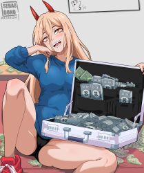 Rule 34 | 1girl, :d, absurdres, black panties, blonde hair, blue sweater, board game, briefcase, chainsaw man, commentary, highres, horns, knee up, long sleeves, money, monopoly, open mouth, panties, pochita (chainsaw man), power (chainsaw man), red footwear, sebasdono, sharp teeth, shoes, smile, solo, sweater, teeth, thighs, underwear, yellow eyes