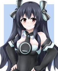Rule 34 | 1girl, alternate breast size, bare shoulders, black hair, breasts, cleavage, collar, dress, gloves, hair ribbon, hands on own hips, highres, long hair, matrixjudge, medium breasts, neck, neptune (series), red eyes, ribbon, sleeveless, smile, solo, tsundere, twintails, two side up, uni (neptunia)