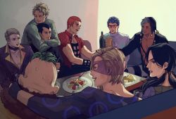 Rule 34 | 6+boys, arms around neck, black hair, black sclera, blonde hair, blue hair, bottle, colored sclera, couch, cup, curly hair, drinking glass, food, fork, formaggio, gelato, ghiaccio, glass, glasses, green hair, hair tie, hat, highres, illuso, jojo no kimyou na bouken, male focus, mask, melone, meron nouka, multiple boys, open mouth, orange hair, pesci, plate, prosciutto, red eyes, risotto nero, silver hair, smile, sorbet, sweat, table, vento aureo, wine bottle, wine glass