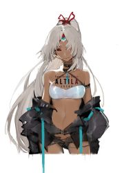Rule 34 | 1girl, altera (fate), breasts, collar, copyright name, criss-cross halter, dark skin, dark-skinned female, fate/grand order, fate (series), halterneck, jacket, long hair, navel, off shoulder, one eye covered, red eyes, shenq, short shorts, shorts, silver hair, small breasts, solo, stomach, strapless, tiara, toned, tube top, very long hair