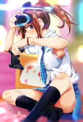 Rule 34 | 1girl, armband, armpit peek, armpits, black socks, blurry, blush, bow, bra, bra peek, breasts, brown hair, closed mouth, controller, depth of field, dualshock, from side, game controller, gamepad, hair bow, hand on headwear, hand up, head-mounted display, kneehighs, looking at viewer, necktie, panties, panty peek, pink panties, plaid, plaid necktie, plaid neckwear, plaid skirt, playing games, playstation controller, ponytail, purple eyes, red bow, ryouma (galley), school uniform, shirt, short sleeves, sitting, skirt, socks, solo, underwear, white shirt