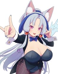 Rule 34 | 1girl, animal ear fluff, animal ears, beads, bow, bowtie, breasts, cleavage, commentary request, double fox shadow puppet, fishnet pantyhose, fishnets, fox shadow puppet, grey hair, hair beads, hair ornament, hairband, hands up, highres, kimutomo 2, large breasts, leotard, long hair, looking at viewer, nail polish, nhk (voiceroid), open mouth, pantyhose, pink eyes, playboy bunny, sidelocks, sleeve cuffs, slit pupils, spirit, touhoku itako, very long hair, voiceroid, white background