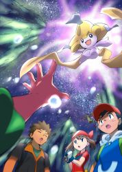 Rule 34 | 1girl, 3boys, :o, absurdres, ash ketchum, bandana, black hair, brock (pokemon), brown hair, closed eyes, commentary request, creatures (company), game freak, gen 3 pokemon, gloves, green shirt, hat, highres, jacket, jirachi, legendary pokemon, max (pokemon), may (pokemon), multiple boys, mythical pokemon, night, nintendo, open mouth, outdoors, outstretched arm, pokemon, pokemon: jirachi: wish maker, pokemon (anime), pokemon (creature), pokemon rse (anime), red bandana, red headwear, red shirt, shirt, short hair, sky, spiked hair, star (sky), strap, teeth, tongue, upper teeth only, yusuke oshida