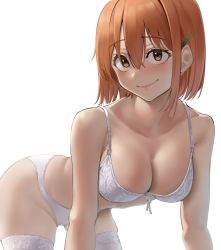 Rule 34 | 1girl, absurdres, all fours, blush, bra, breasts, brown eyes, cleavage, closed mouth, collarbone, commentary request, eimi (harris hero), hair between eyes, hair ornament, hairclip, harris hero, highres, looking at viewer, medium breasts, orange hair, original, panties, short hair, simple background, smile, solo, thighhighs, underwear, underwear only, white background, white bra, white panties, white thighhighs