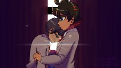Rule 34 | black hair, blue eyes, closed eyes, closed mouth, collared shirt, cosplay, creatures (company), curtains, dark skin, doki doki literature club, dress shirt, game freak, goh (pokemon), hand on another&#039;s arm, head on another&#039;s shoulder, highres, hop (pokemon), light, monika (doki doki literature club), monika (doki doki literature club) (cosplay), nintendo, pensive, pokemon, pokemon (anime), pokemon journeys, pokemon swsh, purple hair, red hair, red tie, sad, sayori (doki doki literature club), sayori (doki doki literature club) (cosplay), school uniform, shirt, sweater