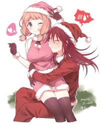 Rule 34 | 2girls, ;q, bang dream!, black gloves, black legwear, blush, breasts, christmas, fur-trimmed gloves, fur trim, gloves, green eyes, hands up, hat, heart, hug, low twintails, medium breasts, merry christmas, multiple girls, one eye closed, outline, pants, pink hair, pink hat, pink shirt, pink skirt, pom pom (clothes), re ghotion, red hair, red hat, red pants, santa hat, shirt, sitting, skirt, sleeveless, spoken blush, spoken heart, spoken sweatdrop, sweatdrop, thighhighs, tongue, tongue out, twintails, udagawa tomoe, uehara himari, w, white outline