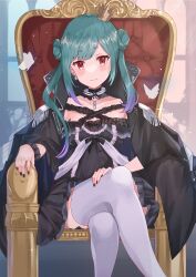 Rule 34 | 1girl, absurdres, black nails, bug, butterfly, choker, crown, dress, flat chest, frilled dress, frills, haru yu, highres, hololive, insect, looking at viewer, nail polish, official alternate costume, sitting, sleeveless, sleeveless dress, smile, solo, thighhighs, throne, uruha rushia, uruha rushia (3rd costume), virtual youtuber, white thighhighs