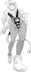 1girl, ahoge, arknights, bare shoulders, character request, choker, closed mouth, demon tail, eyebrows visible through hair, gloves, greyscale, hand on hip, highres, leotard, long hair, looking at viewer, mole, mole under eye, monochrome, moto toshi, pantyhose, smile, solo, tail