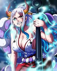 Rule 34 | 1girl, breasts, ear piercing, female focus, gradient hair, highres, holding, holding weapon, horns, long hair, looking at viewer, medium breasts, multicolored eyes, multicolored hair, one piece, piercing, ponytail, rakara11 (rakkarts), solo, torn clothes, weapon, yamato (one piece)