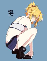 Rule 34 | 1girl, 2012, ankle boots, bandeau, blonde hair, blue background, blue eyes, boots, braid, cutoffs, dated, denim, denim shorts, fate/apocrypha, fate (series), french braid, green eyes, highres, looking at viewer, mordred (fate), mordred (fate/apocrypha), mordred (memories at trifas) (fate), oretamio, ponytail, red scrunchie, scrunchie, shorts, solo, squatting, thighs