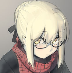 Rule 34 | 1girl, artoria pendragon (fate), black-framed eyewear, black ribbon, black shirt, blonde hair, blush, boa (brianoa), closed mouth, fate/stay night, fate (series), glasses, grey background, hair bun, hair ribbon, highres, looking at viewer, mysterious heroine x alter (fate), mysterious heroine x alter (first ascension) (fate), pale skin, portrait, red scarf, ribbon, scarf, shirt, simple background, single hair bun, solo, yellow eyes