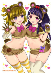 Rule 34 | 2girls, :d, animal costume, animal ears, animal hands, artist name, asahina mirai, bare shoulders, bear costume, bear ears, bear tail, blonde hair, blue eyes, blue hair, blunt bangs, blush, breasts, brown shorts, commentary request, crop top, elbow gloves, fake animal ears, fake tail, fur trim, gloves, half updo, heart, hug, izayoi liko, looking at viewer, mahou girls precure!, miniskirt, multiple girls, navel, neck ribbon, open mouth, pink eyes, pink hair, pink ribbon, precure, ribbon, short shorts, shorts, simple background, skindentation, skirt, small breasts, smile, standing, striped clothes, striped legwear, striped thighhighs, tail, thighhighs, white background, white legwear, yamada ichizoku
