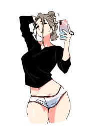 Rule 34 | 1girl, bad id, bad pixiv id, black eyes, black sweater, breasts, brown hair, cellphone, cropped legs, folded ponytail, hair over one eye, half-closed eyes, head tilt, holding, holding phone, large breasts, midriff, navel, original, phone, royal tea, selfie, short shorts, shorts, smartphone, solo, sweater, taking picture, thighs, white shorts