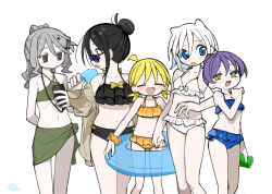Rule 34 | 5girls, agoshi sakina, ahoge, arm behind back, bikini, black bikini, black hair, blonde hair, blue bikini, blue eyes, blush, breasts, brown eyes, brown jacket, can, cellphone, closed eyes, closed mouth, expressionless, feet out of frame, flat chest, food, frilled bikini, frills, frown, green bikini, green eyes, grey hair, hair bun, hair horns, hair ornament, hairclip, halterneck, hand up, highres, holding, holding can, holding food, holding phone, holding popsicle, holding swim ring, innertube, jacket, jacket partially removed, kokaki mumose, lanyard, long hair, looking at another, looking to the side, low twintails, medium breasts, medium hair, multiple girls, null-meta, open clothes, open jacket, open mouth, orange eyes, pale skin, phone, ponytail, popsicle, purple hair, sarong, shinohara kogome, short hair, short twintails, sidelocks, simple background, single hair bun, skinny, smartphone, smile, smirk, souen chiaki, standing, stomach, sunglasses, sweat, swim ring, swimsuit, takada shiyuki, twintails, uozumi kurumi, white background, white bikini, white hair