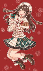 Rule 34 | 1girl, ^ ^, ankle boots, blush, boots, box, braid, brown capelet, brown hair, capelet, christmas, closed eyes, dot nose, earrings, gift, gift box, green skirt, hair ribbon, highres, holding, holding box, idolmaster, idolmaster cinderella girls, idolmaster cinderella girls starlight stage, jewelry, long hair, open mouth, plaid, plaid skirt, red background, red ribbon, ribbon, shimamura uzuki, skirt, smile, snowflakes, solo, sweater, teeth, tori ririisu, twin braids, twintails, white headwear, white sweater