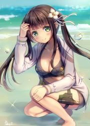 Rule 34 | 1girl, artist name, barefoot, beach, bikini, bikini top only, blue sky, blunt bangs, blush, breasts, brown hair, buttons, cleavage, closed mouth, collarbone, commentary request, day, diffraction spikes, flower, gochuumon wa usagi desu ka?, green eyes, hair flower, hair ornament, halterneck, highres, holster, jacket, long hair, long sleeves, looking at viewer, medium breasts, mitsuki ponzu, ocean, outdoors, pocket, ribbon, ruffling hair, sand, short shorts, shorts, sidelocks, signature, sky, smile, solo, squatting, swimsuit, thigh holster, twintails, ujimatsu chiya, water drop, white jacket, white ribbon