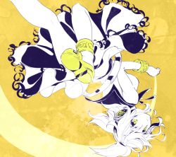 Rule 34 | 1girl, earmuffs, female focus, makuwauri, parted lips, pointy hair, short hair, skirt, sleeveless, solo, spot color, touhou, toyosatomimi no miko, upside-down, yellow background, yellow eyes, yellow footwear