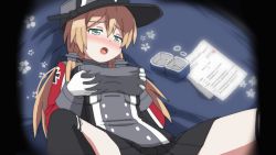 Rule 34 | 10s, 1girl, animated, animated gif, blonde hair, blush, green eyes, hair ornament, hangaku, hat, implied sex, jewelry, kantai collection, lying, on back, open mouth, ornate ring, peaked cap, prinz eugen (kancolle), revision, ring, ring box, grabbing own breast, skirt, solo, thighhighs, wedding ring