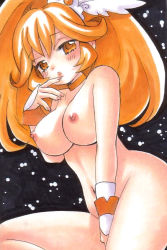 Rule 34 | 10s, 1girl, big hair, black background, blonde hair, breasts, choker, cure peace, finger to mouth, hair flaps, kise yayoi, large breasts, long hair, navel, nipples, nude, precure, rodeorodeo, smile precure!, solo, traditional media, wide ponytail, yellow eyes