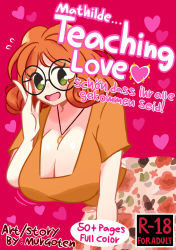 Rule 34 | 1girl, adjusting eyewear, between breasts, black-framed eyewear, blush, breasts, brown hair, cleavage, commentary, cover, cover page, curly hair, doujin cover, english commentary, english text, fake cover, german text, glasses, green eyes, heart, heart background, highres, huge breasts, jewelry, large breasts, mathilde (murgoten), medium hair, murgoten, narrow waist, necklace, open mouth, original, pac-man eyes, pendant, pink background, print skirt, round eyewear, skirt, smile, solo