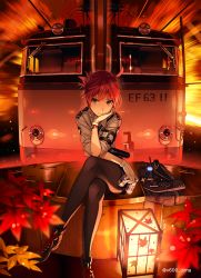 Rule 34 | 1girl, ahoge, artist name, black pantyhose, blue eyes, can, crossed legs, flashlight, gloves, head rest, holding, leaf, looking at viewer, motion blur, original, pantyhose, red hair, red theme, shoes, short hair, sitting, smile, solo, textless version, train, uniform, vania600, vest, walkie-talkie, white gloves