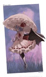 Rule 34 | 1girl, bat wings, commentary, english commentary, full body, grass, hair ribbon, hat, highres, holding, holding umbrella, mob cap, outdoors, purple hair, red ribbon, remilia scarlet, ribbon, roxuien, shirt, short hair, short sleeves, skirt, touhou, twitter username, umbrella, white hat, white shirt, white skirt, wings