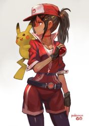 Rule 34 | 10s, 1girl, arm at side, baseball cap, belt, black gloves, black pantyhose, choker, collarbone, contrapposto, copyright name, covered navel, cowboy shot, creature, creature on shoulder, creatures (company), dark skin, female protagonist (pokemon go), fingerless gloves, game freak, gen 1 pokemon, gloves, hat, highres, holding, holding poke ball, jacket, lack, leggings, looking away, looking to the side, nintendo, on shoulder, pantyhose, pantyhose under shorts, pikachu, poke ball, pokemon, pokemon (creature), pokemon go, ponytail, profile, red jacket, short sleeves, shorts, standing