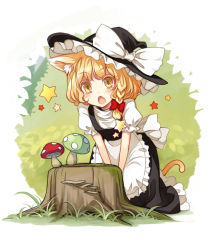 Rule 34 | 1girl, animal ears, apron, blonde hair, blush, bow, braid, cat ears, cat tail, commentary request, eyebrows, fang, hair bow, hair ribbon, hat, hat bow, kemonomimi mode, kirisame marisa, kneeling, mushroom, open mouth, puffy short sleeves, puffy sleeves, red bow, ribbon, short sleeves, side braid, single braid, solo, sparkle, star (symbol), tail, touhou, tree stump, tress ribbon, uruu gekka, v arms, waist apron, white apron, white bow, witch hat
