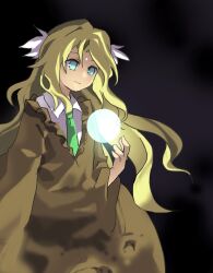 Rule 34 | 1girl, blonde hair, blue eyes, brown dress, closed mouth, collared shirt, commentary request, dress, flat chest, forehead jewel, green necktie, hand up, highres, kaigen 1025, kikuri (touhou), long hair, long sleeves, necktie, orb, shirt, smile, solo, touhou, touhou (pc-98), white shirt