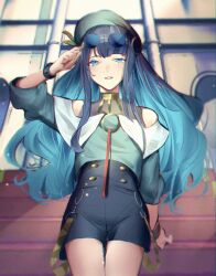 Rule 34 | 1girl, aqua hair, bare shoulders, beret, black hair, black shorts, blue eyes, blue hair, bracelet, breasts, buttons, colored inner hair, double-breasted, fate/grand order, fate (series), green hat, green jacket, hat, highres, jacket, jewelry, long hair, looking at viewer, multicolored hair, neck ring, o-ring, off shoulder, open mouth, round eyewear, shorts, sidelocks, small breasts, smile, solo, standing, sunglasses, tenochtitlan (fate), tenochtitlan (second ascension) (fate), thighs, wavy hair, yuzu (pixiv 54192275), zipper