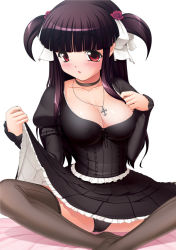 Rule 34 | black panties, blush, bow, breasts, choker, cleavage, clothes lift, cross, flower, goth fashion, hair bow, hair flower, hair ornament, jewelry, kirin kakeru, large breasts, latin cross, long hair, necklace, panties, purple hair, red eyes, short twintails, skirt, skirt lift, solo, thighhighs, twintails, two side up, underwear
