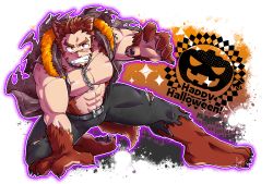 Rule 34 | 1boy, abs, akashi (live a hero), alternate costume, alternate eye color, alternate hair color, animal collar, animal ears, animal hands, bara, bare arms, bare pectorals, blush, body fur, bulge, claw pose, clenched teeth, collar, embarrassed, facial hair, frown, fujishima kazuya, full body, goatee, gradient hair, halloween, halloween costume, happy halloween, kemonomimi mode, live a hero, long sideburns, male focus, multicolored hair, muscular, muscular male, no nipples, on one knee, orange eyes, pectorals, scar, scar on face, scar on nose, short hair, sideburns, solo, stomach, tail, teeth, thick eyebrows, thick thighs, thighs, wolf boy, wolf ears, wolf tail