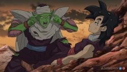 Rule 34 | 2boys, alien, belt, black eyes, black hair, blue belt, child, colored skin, colored tongue, commentary, dragon ball, dragonball z, english commentary, green skin, hair behind ear, invincible (series), jammeryx, male focus, meme, multiple boys, namekian, open mouth, piccolo, pointing, pointing at self, pointy ears, purple tongue, son gohan, think mark think! (meme), torn clothes, twitter logo