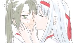 Rule 34 | 10s, 2girls, bad id, bad pixiv id, blush, closed eyes, crying, female focus, green eyes, green hair, hair ribbon, hair rings, japanese clothes, kantai collection, licking, licking tears, long hair, miko, multiple girls, one eye closed, ribbon, shoukaku (kancolle), silver hair, simple background, tears, twintails, udon (shiratama), upper body, wavy mouth, white background, yuri, zuikaku (kancolle)